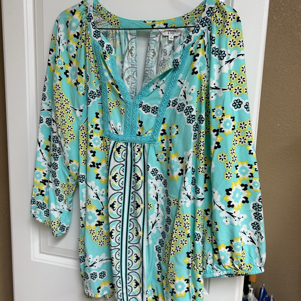 crown & ivy Floral Pattern Blouse - Aqua and Lemon
